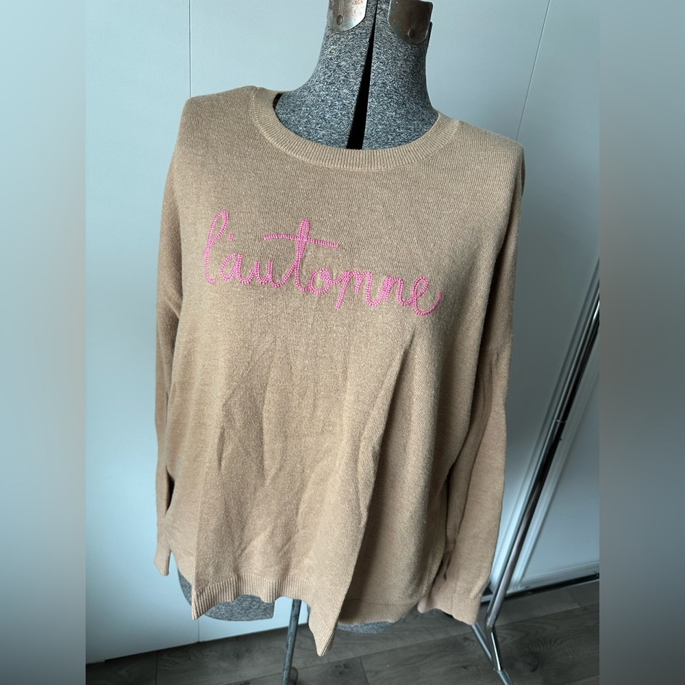 Ann Taylor Loft Sweater LARGE L'Autumne Autumn Embroidered Pullover Preppy Fall